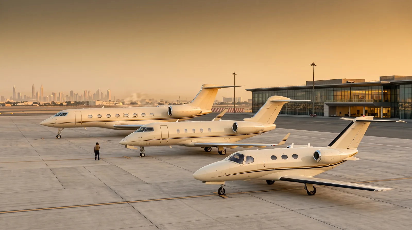Light, midsize and large business jets parked in a row at golden hour