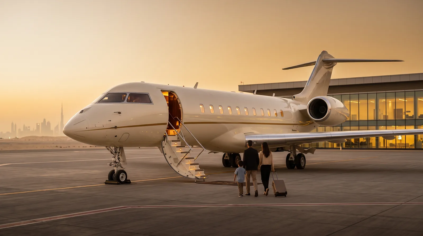 A large-cabin business jet interior with a 4-seat club group, a divan and a wide aisle
