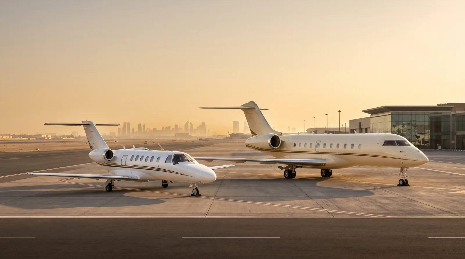 A light jet and a larger midsize jet parked side by side at golden hour