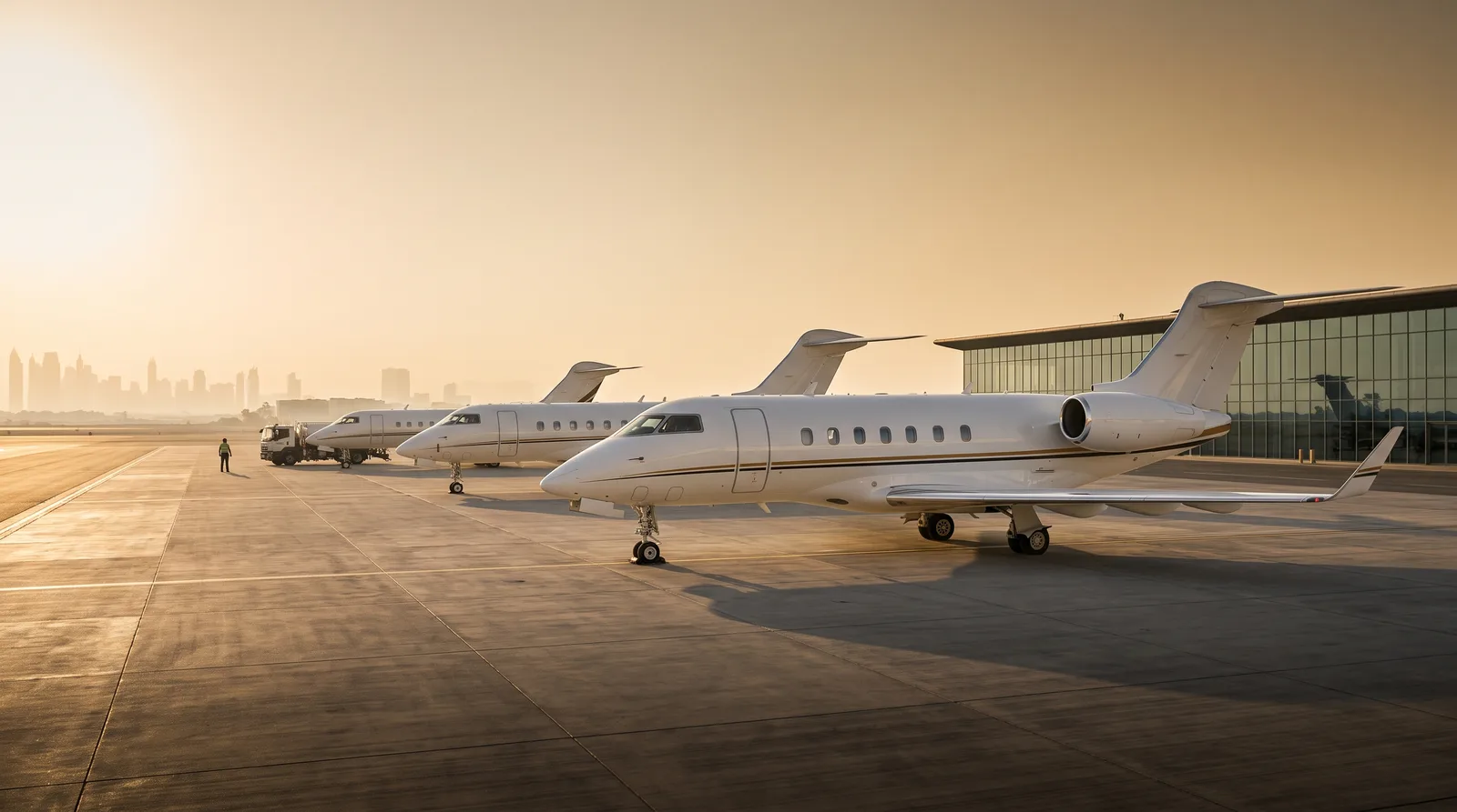 Business jets parked along a private aviation apron at golden hour