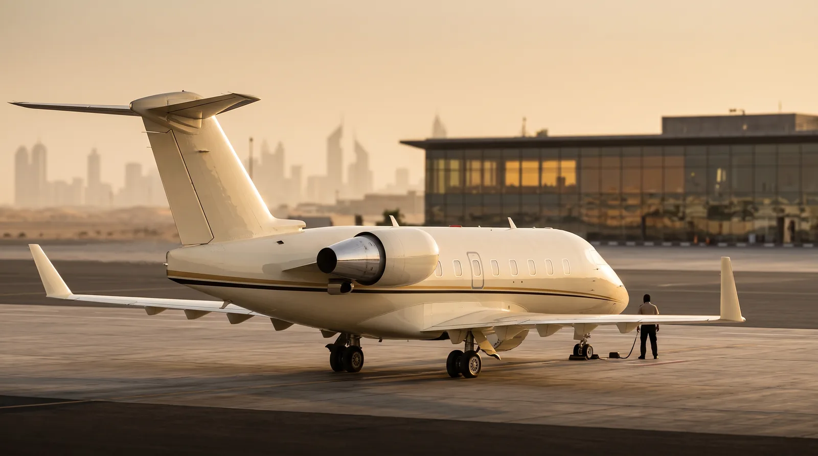A twin-engined super-midsize business jet with a T-tail and rear-fuselage engines parked on a sunlit apron
