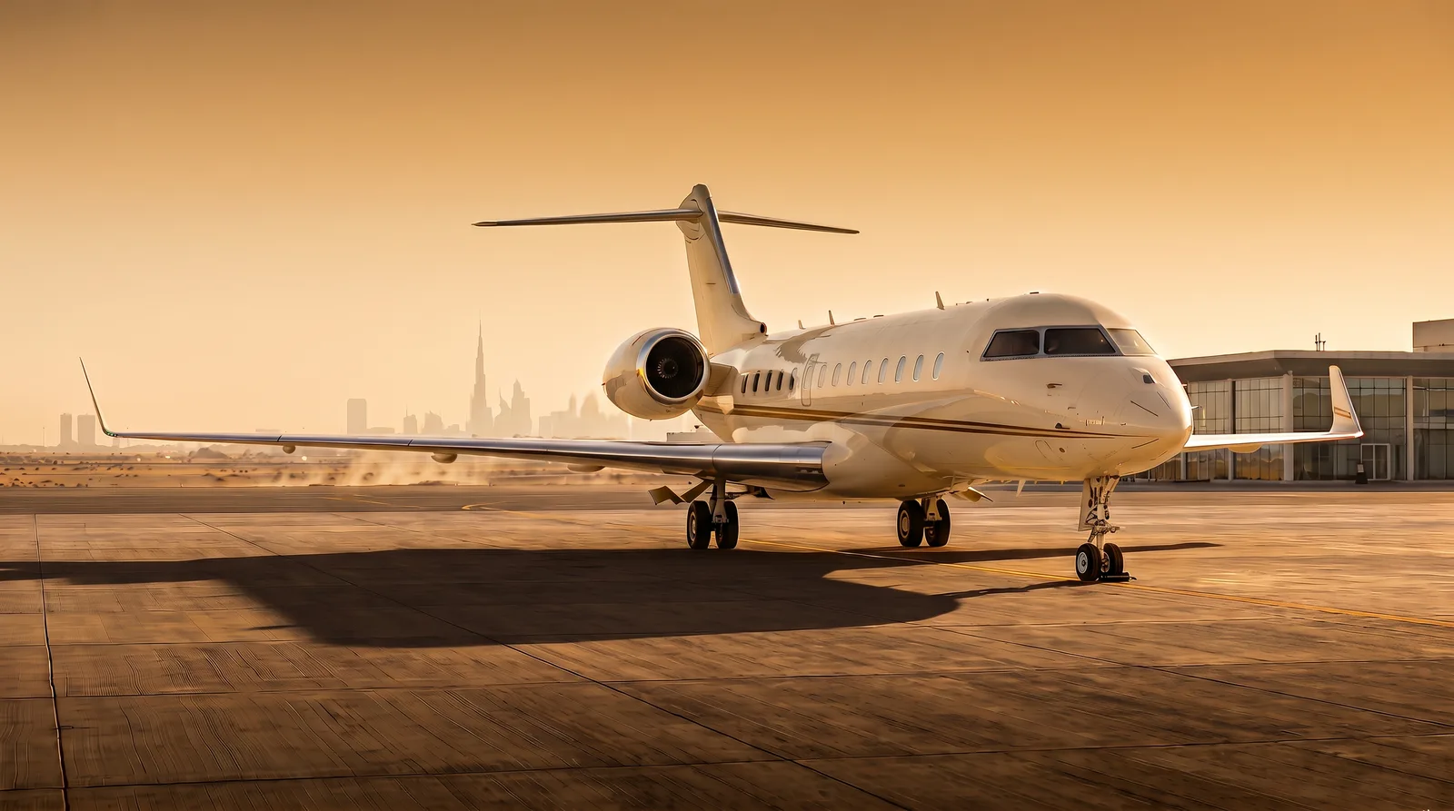 A twin-engine business jet with rear-mounted engines and a T-tail parked on an apron at dusk