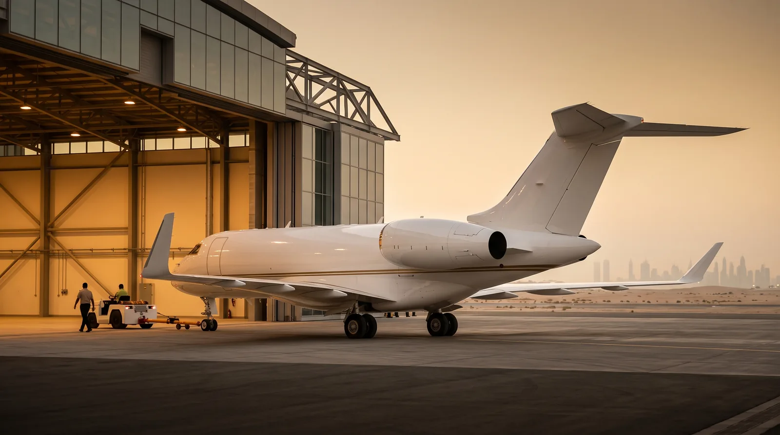 A large twin-engine business jet with a T-tail and rear-fuselage engines parked on an apron in low sun.