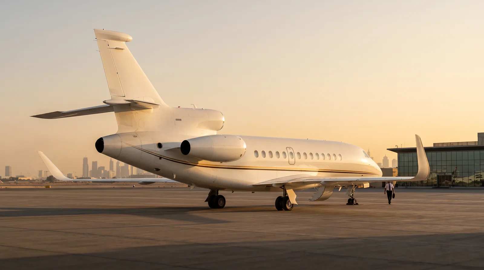 A 3-engine business jet on a sunlit apron, with 2 engine pods on the sides of the rear fuselage and a third intake at the base of the fin.