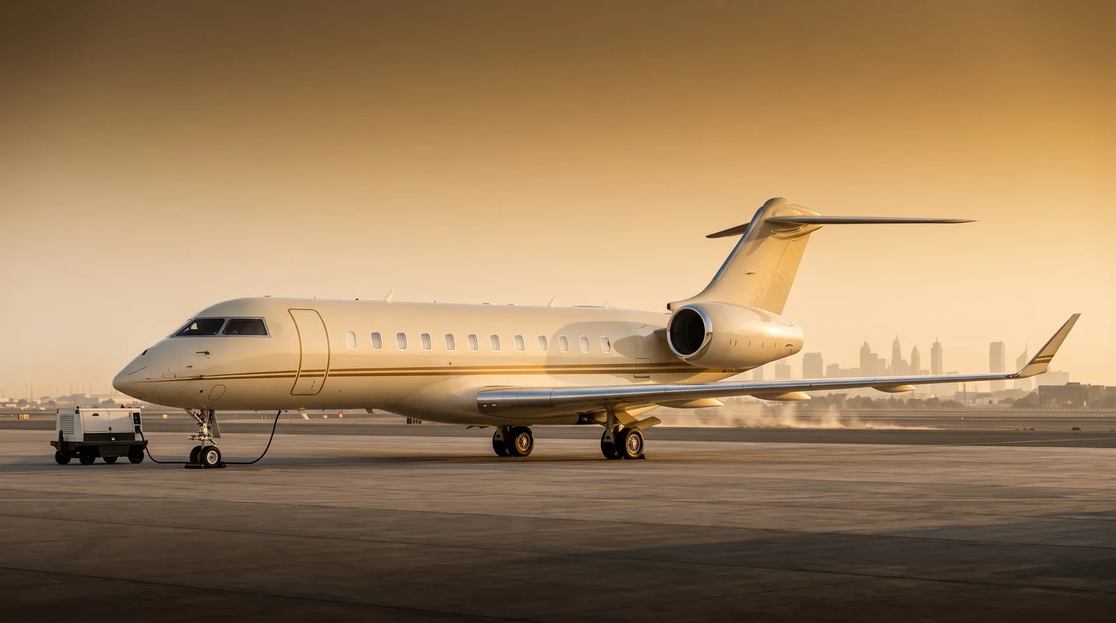 A large ultra-long-range business jet with a T-tail and 2 aft-mounted engines on an apron at dusk