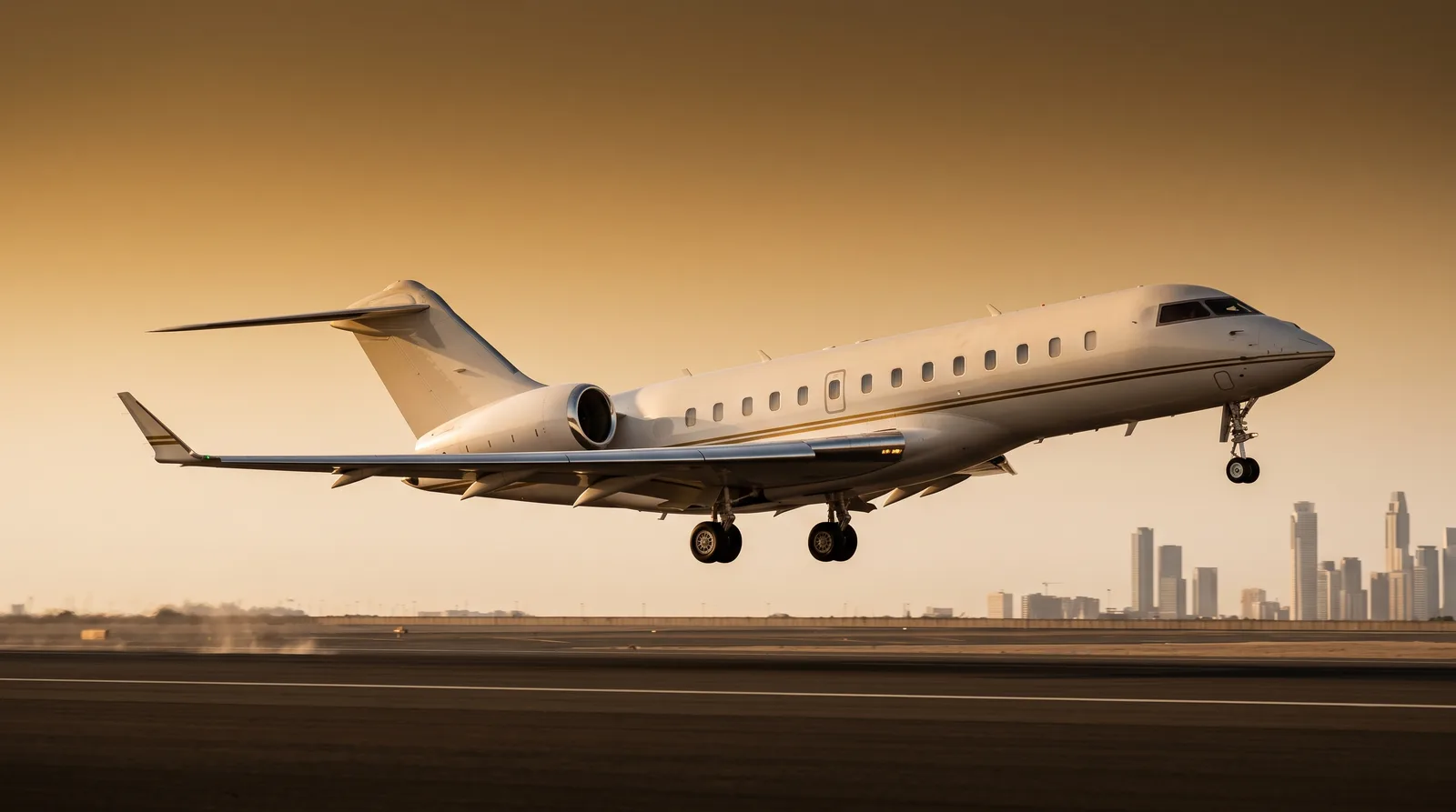 A large twin-engine business jet with a T-tail and aft-mounted engines parked on a sunlit apron.