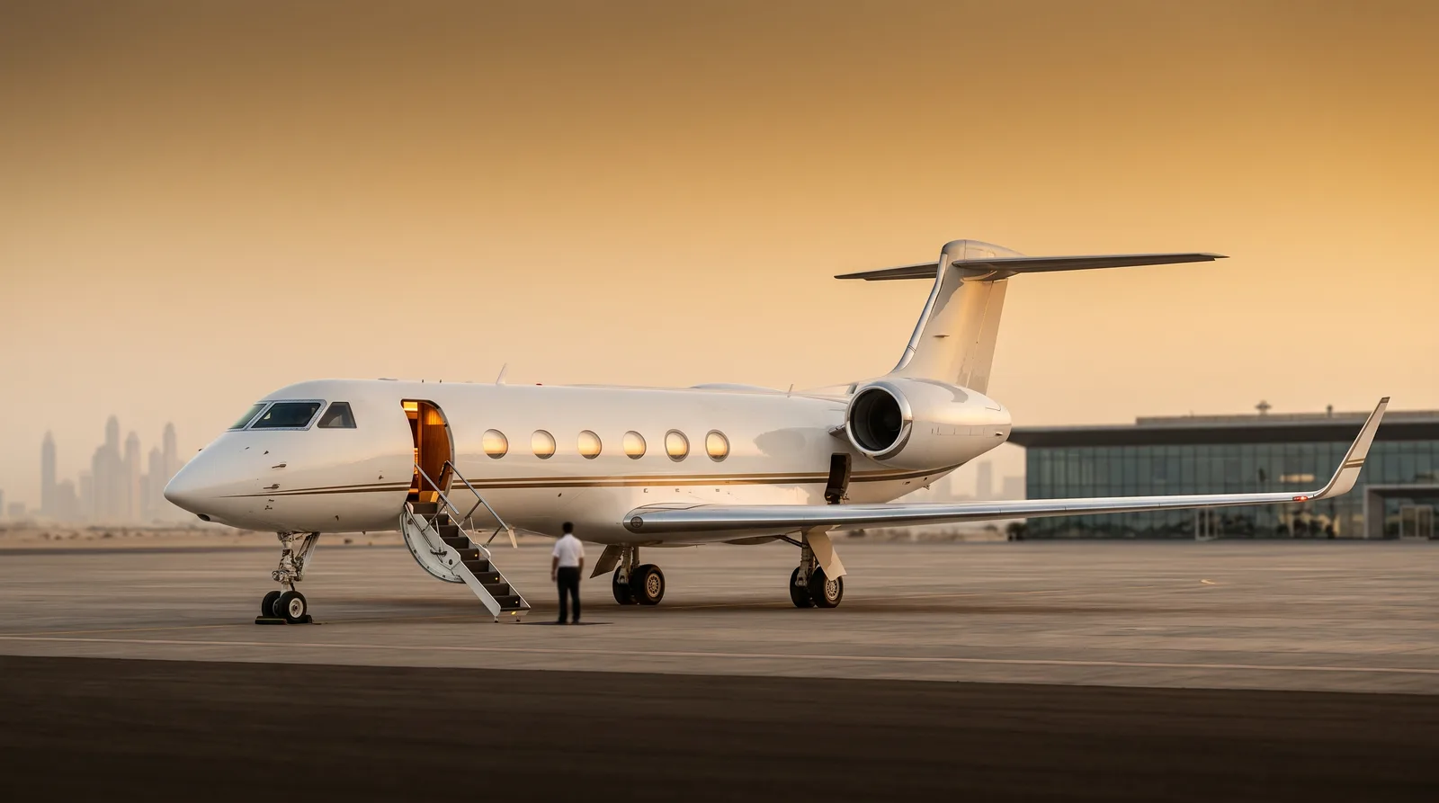 A large twin-engine business jet with a T-tail, swept wings and 8 oval cabin windows along the fuselage, parked on an apron at dusk.
