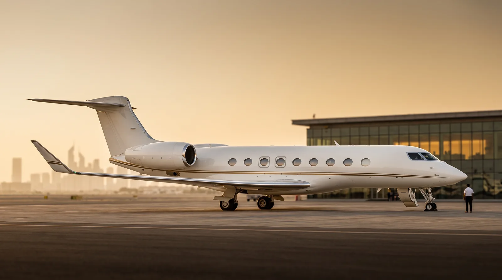 A long white ultra-long-range business jet with a T-tail, 2 rear-fuselage turbofans and 10 tall oval cabin windows along each side, parked on an apron at dusk.