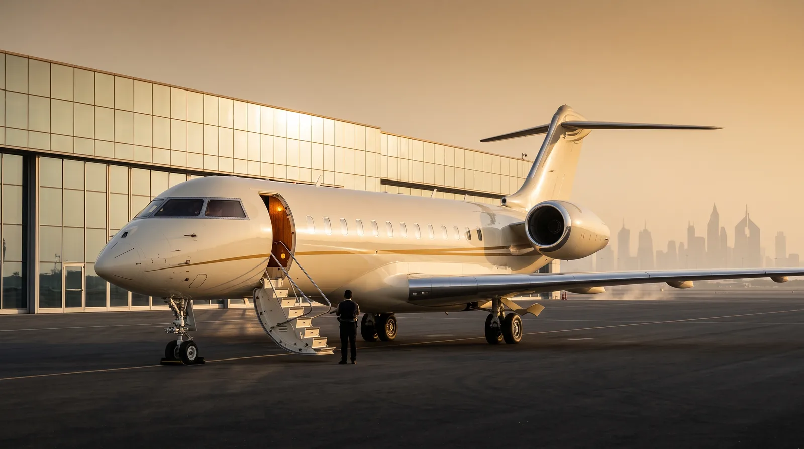 Private jet with boarding stairs down on a UAE apron at golden hour